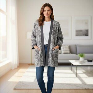 NWT Simple by Susan Betro Paisley Knit Cardigan Medium Grey White Soft Layering